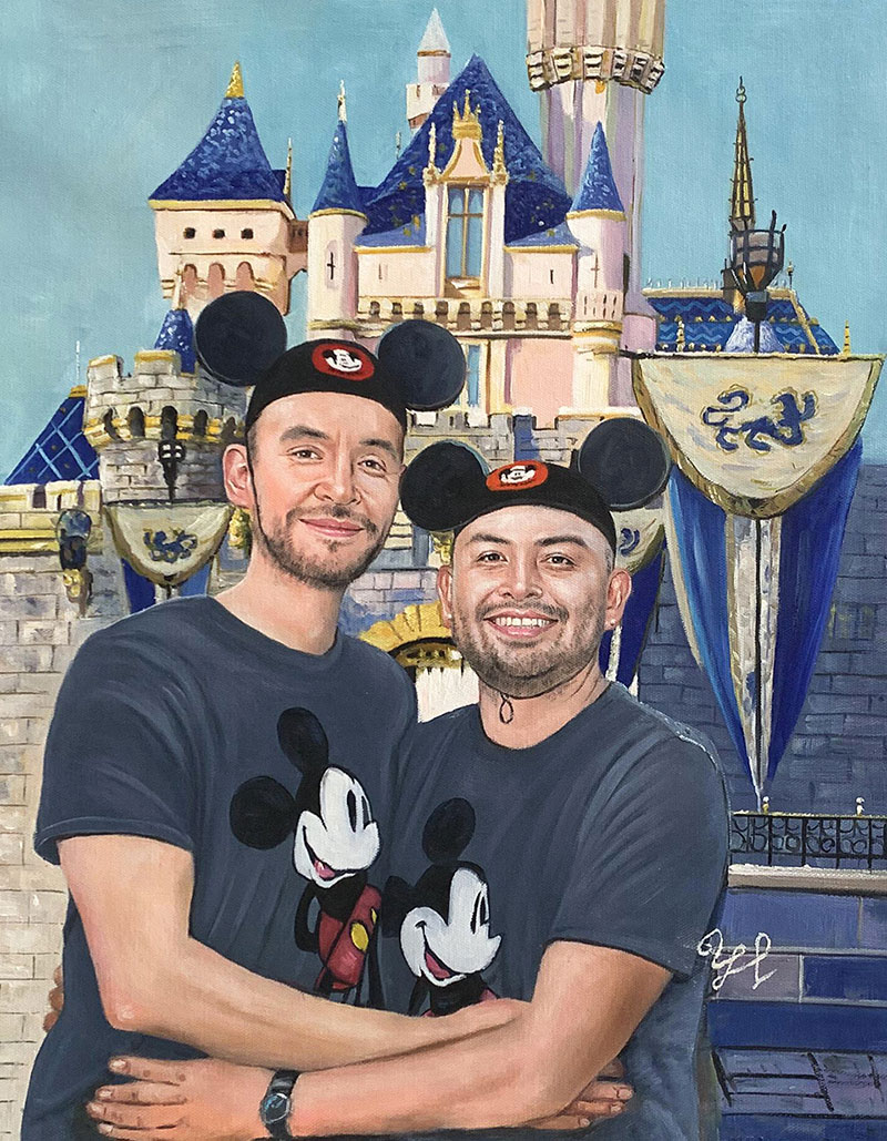 Painting of two men hugging in front of Sleeping Beauty Castle at Disneyland, wearing Mickey Mouse ears and shirts.