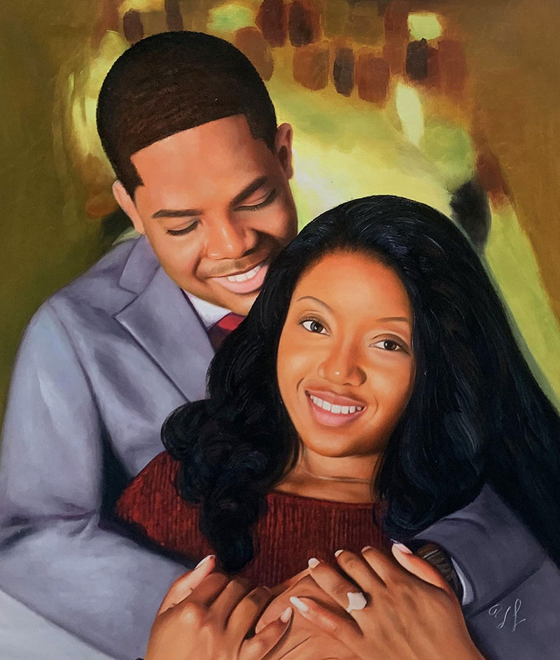 Portrait painting of an embracing couple.