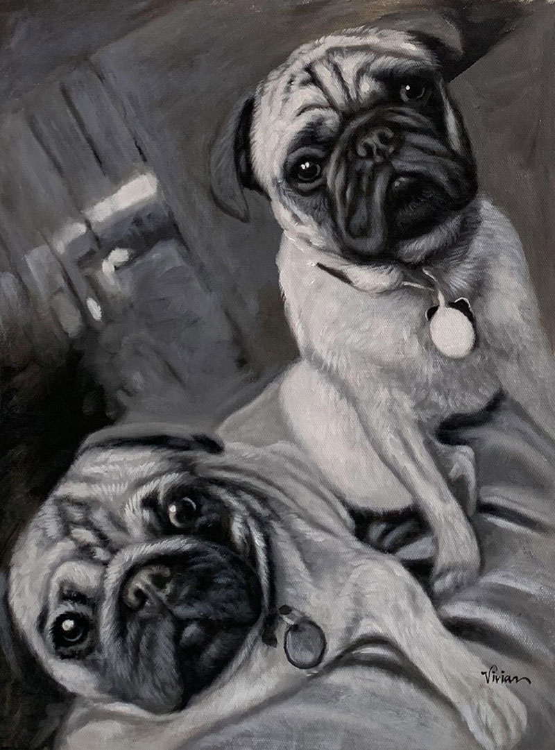 Black and white painting of two pugs.