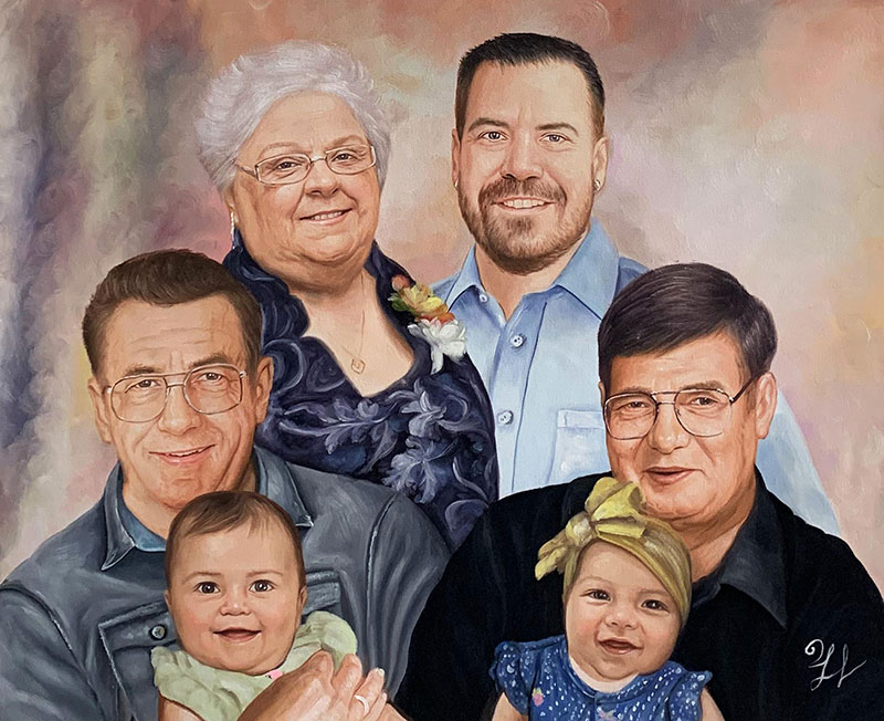 Painted portrait of a family: two grandparents, two adults, and two babies.
