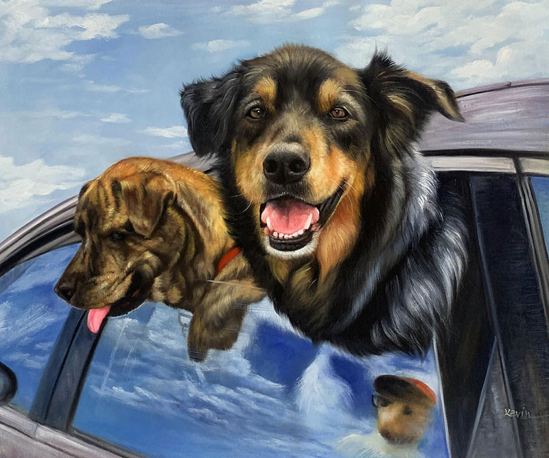 Painting of two dogs hanging out of a car window.