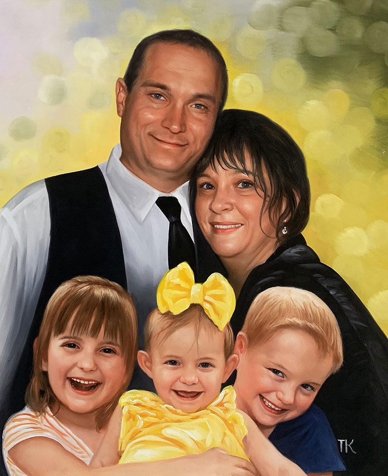 Family portrait painting, parents with three children.