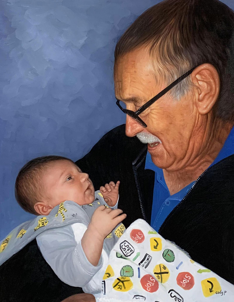 Painting of an older man holding a baby.