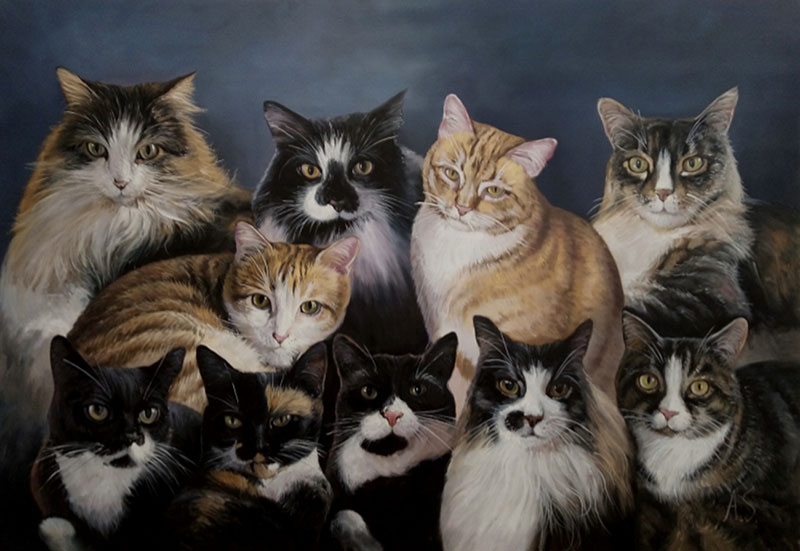 Painting of ten cats in a group portrait.