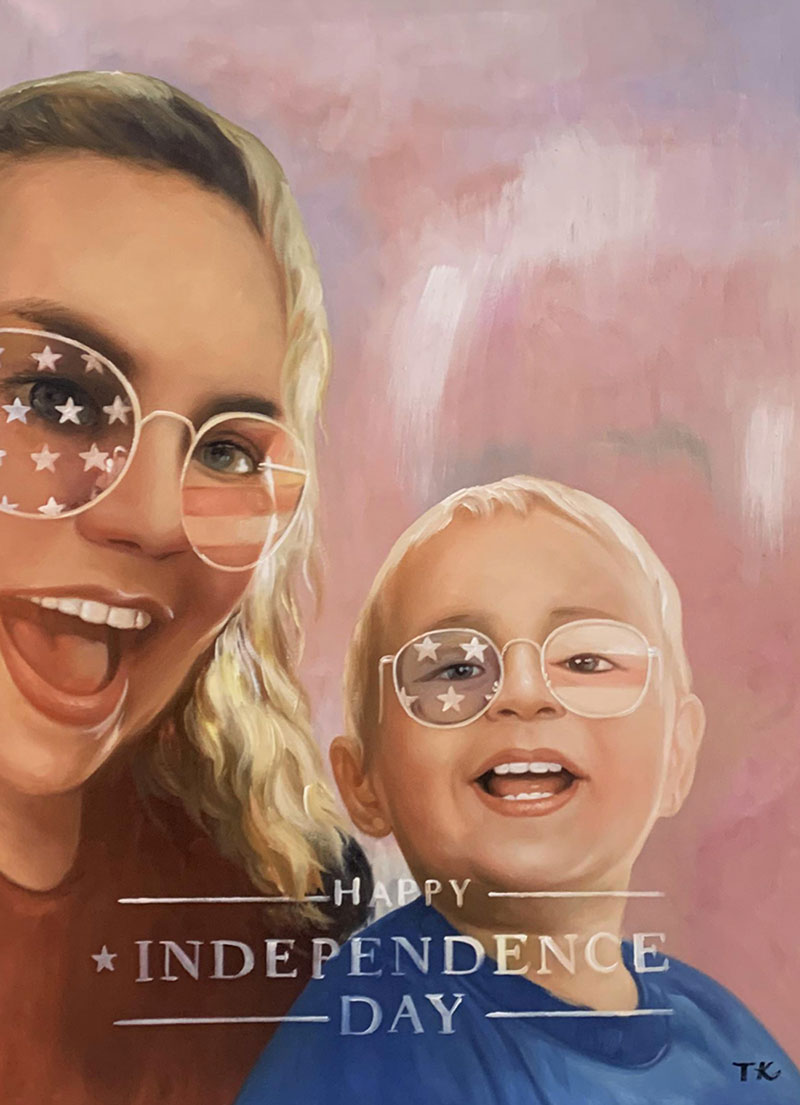 Painting of a woman and young boy wearing glasses with stars and stripes, Happy Independence Day text overlay.