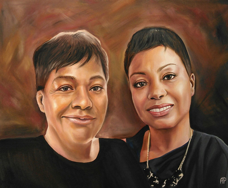 Painting of two smiling Black women with short hair.