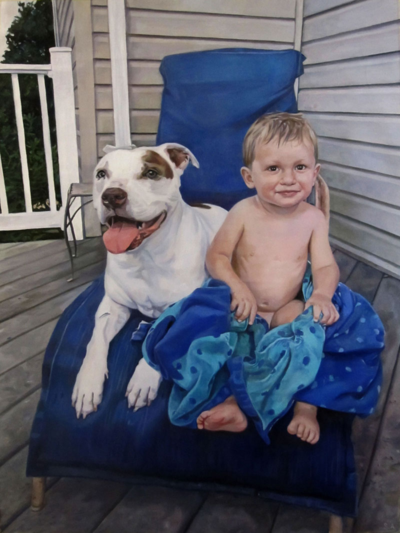 Painting of toddler and pit bull sitting together on a blue chair outdoors.