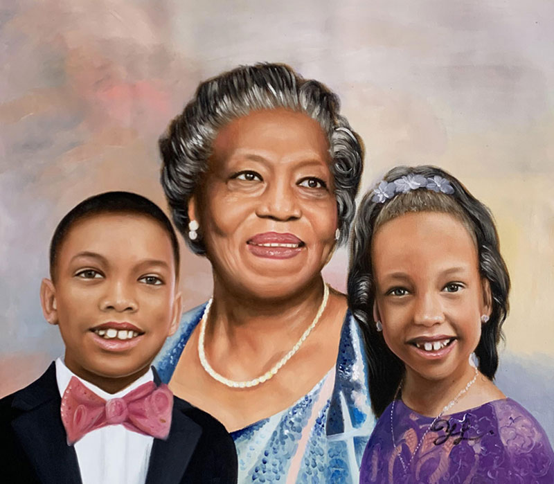Painted portrait of a grandmother with her grandson and granddaughter.