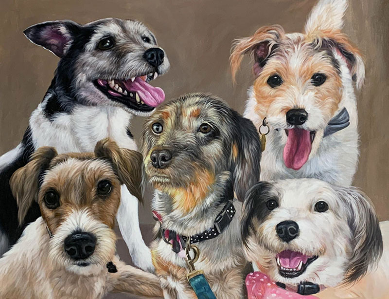 Painting of five dogs grouped together.
