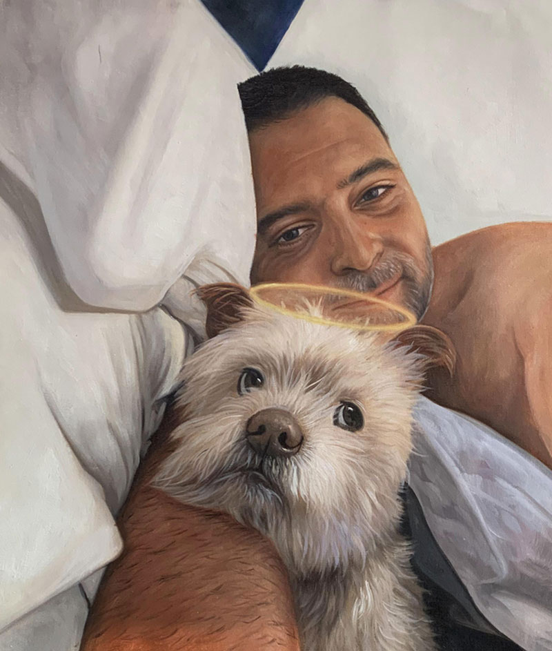 Painting of a man and his dog in bed, the dog has a halo.
