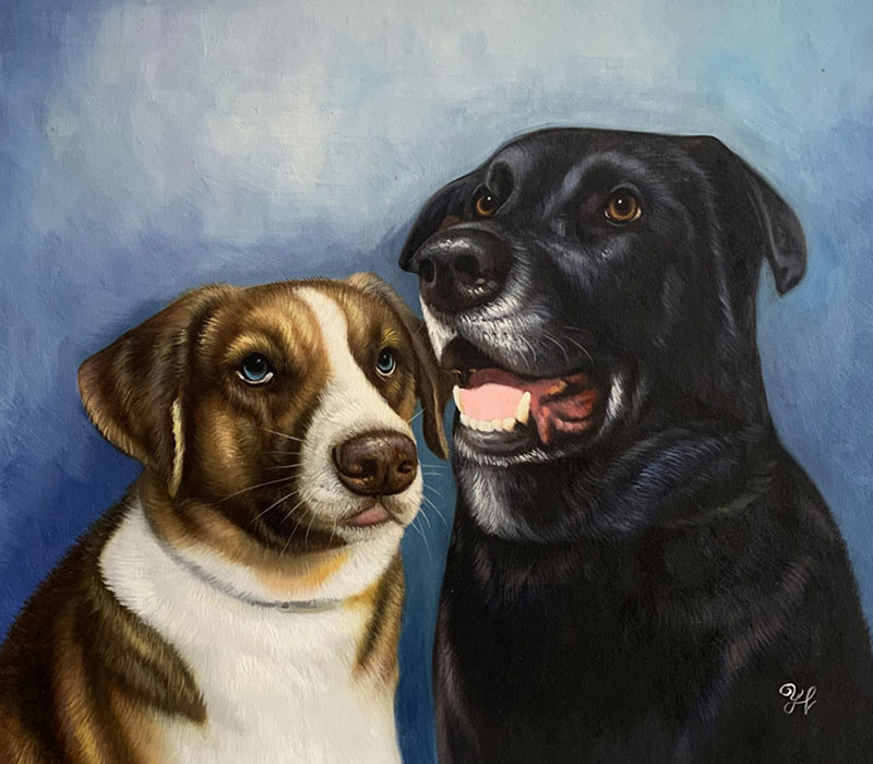 Painting of two dogs, a brown and white dog and a black dog.