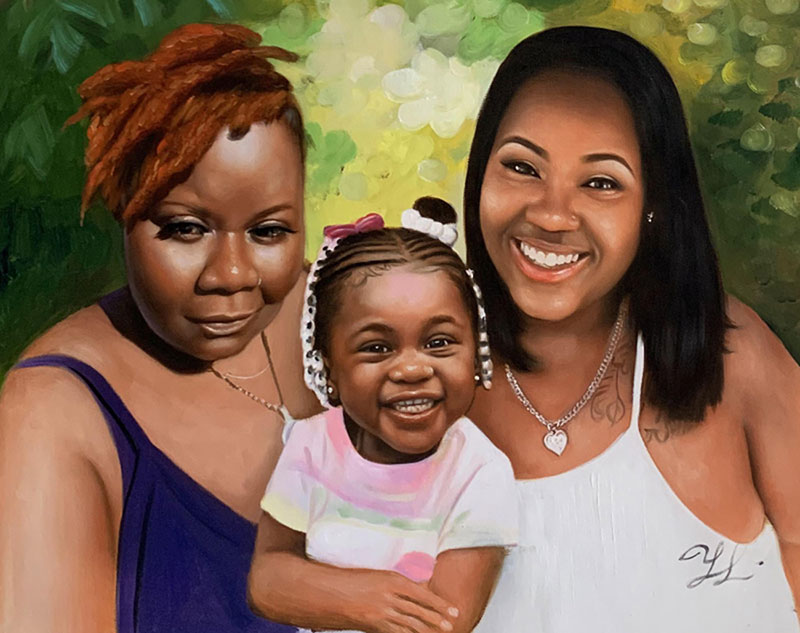 Painted portrait of two women and a toddler girl.