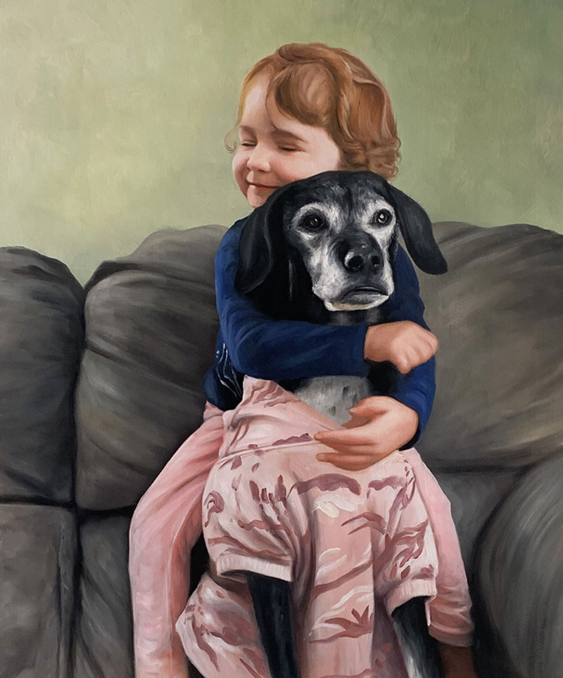 Painting of a toddler hugging a senior dog on a couch.