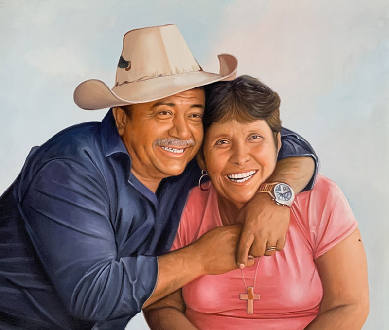 Painting of a smiling couple embracing, the man wears a cowboy hat.