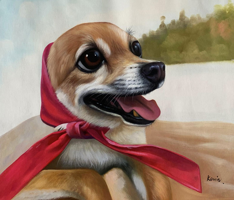 Painting of a small tan dog wearing a red scarf