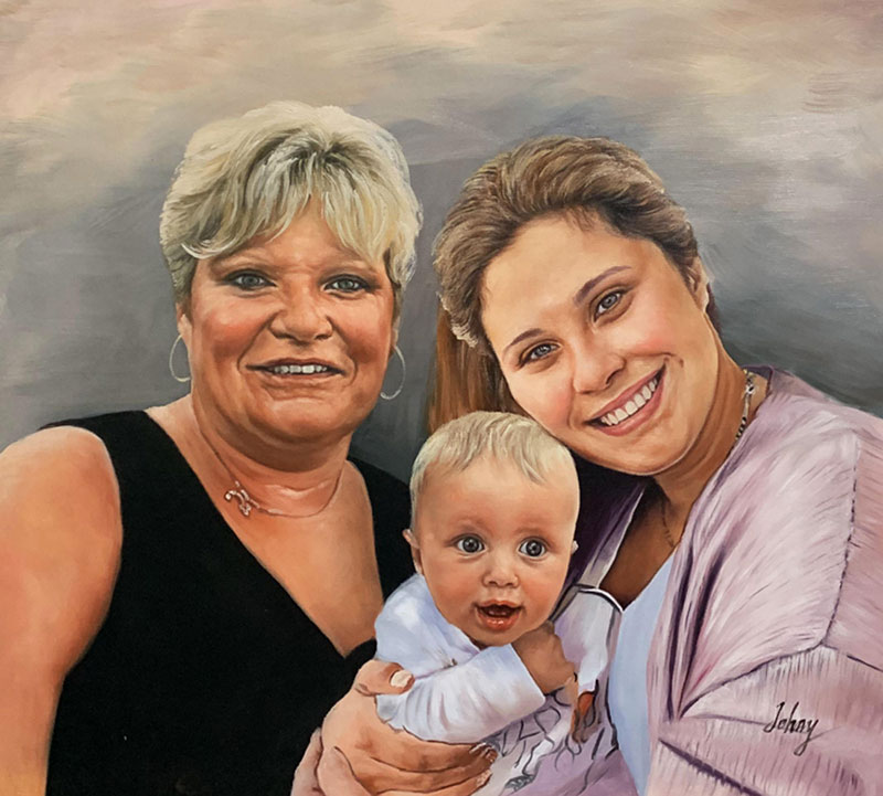 Painted portrait of a grandmother, mother, and baby.