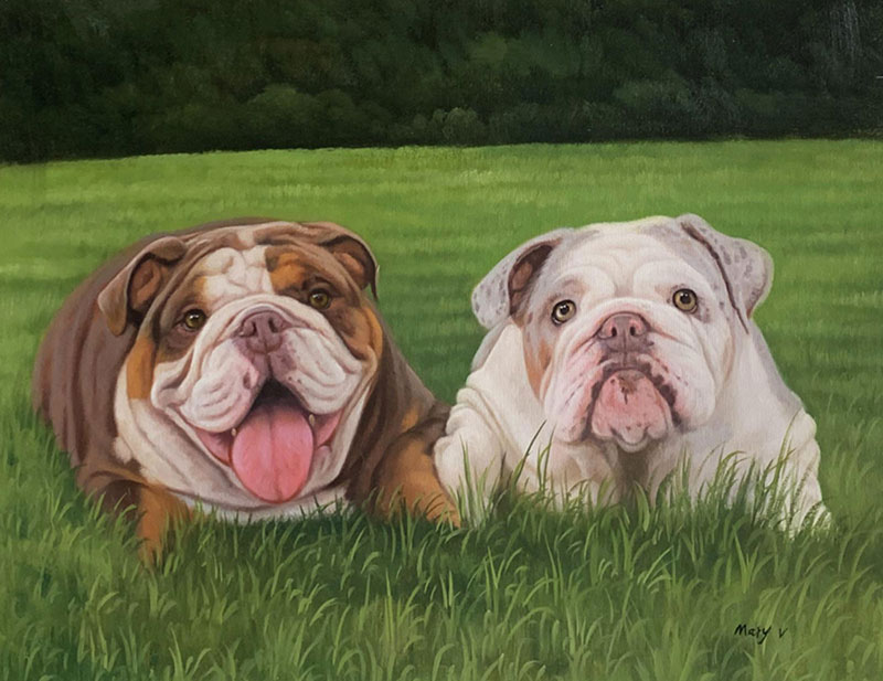 Painting of two English Bulldogs lying in the grass