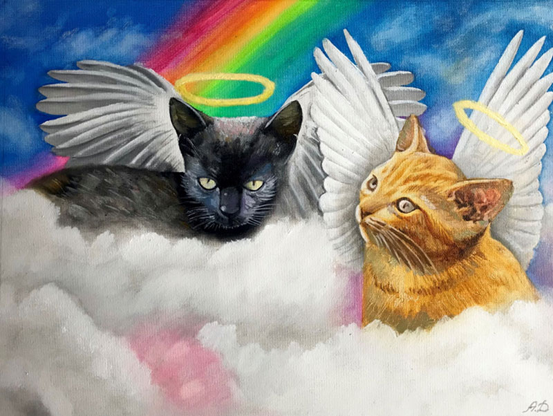 Painting of two angel cats on clouds with a rainbow in the background