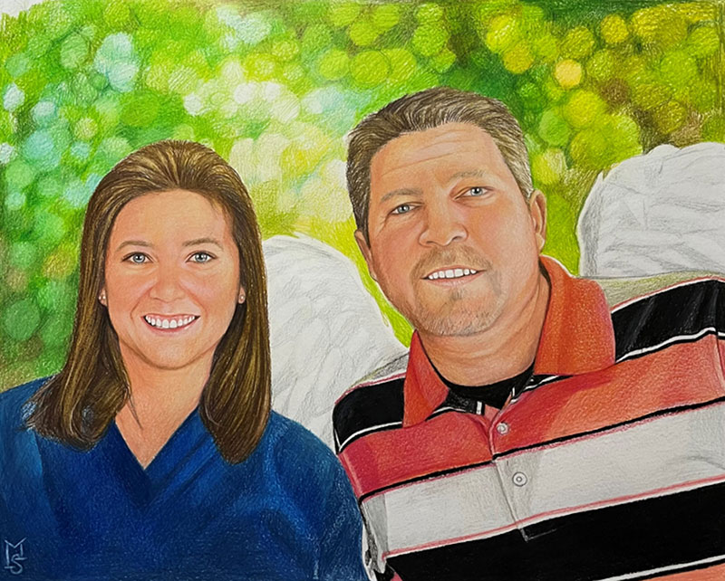 Colored pencil portrait of a smiling couple with angel wings.