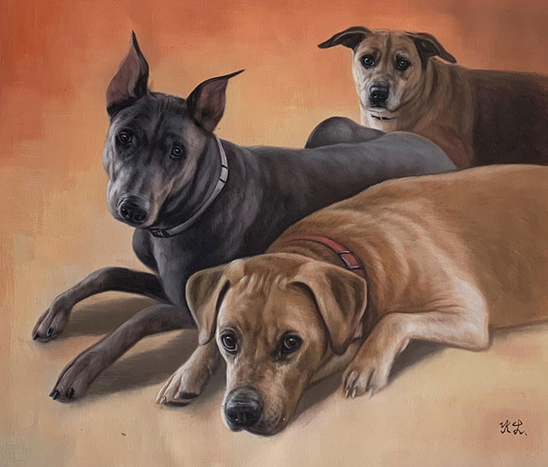 Painting of three dogs lying down together.