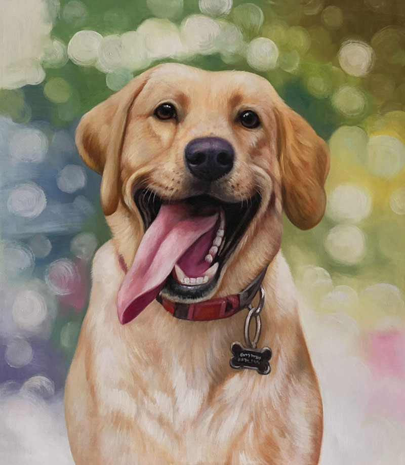 Painting of a happy yellow Labrador Retriever with tongue out.