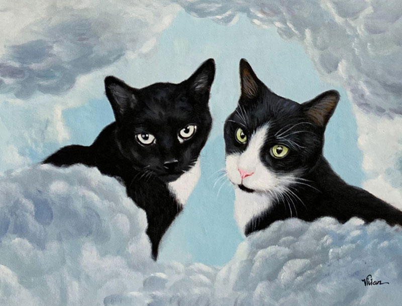 Painting of two cats in clouds, one black cat and one tuxedo cat.