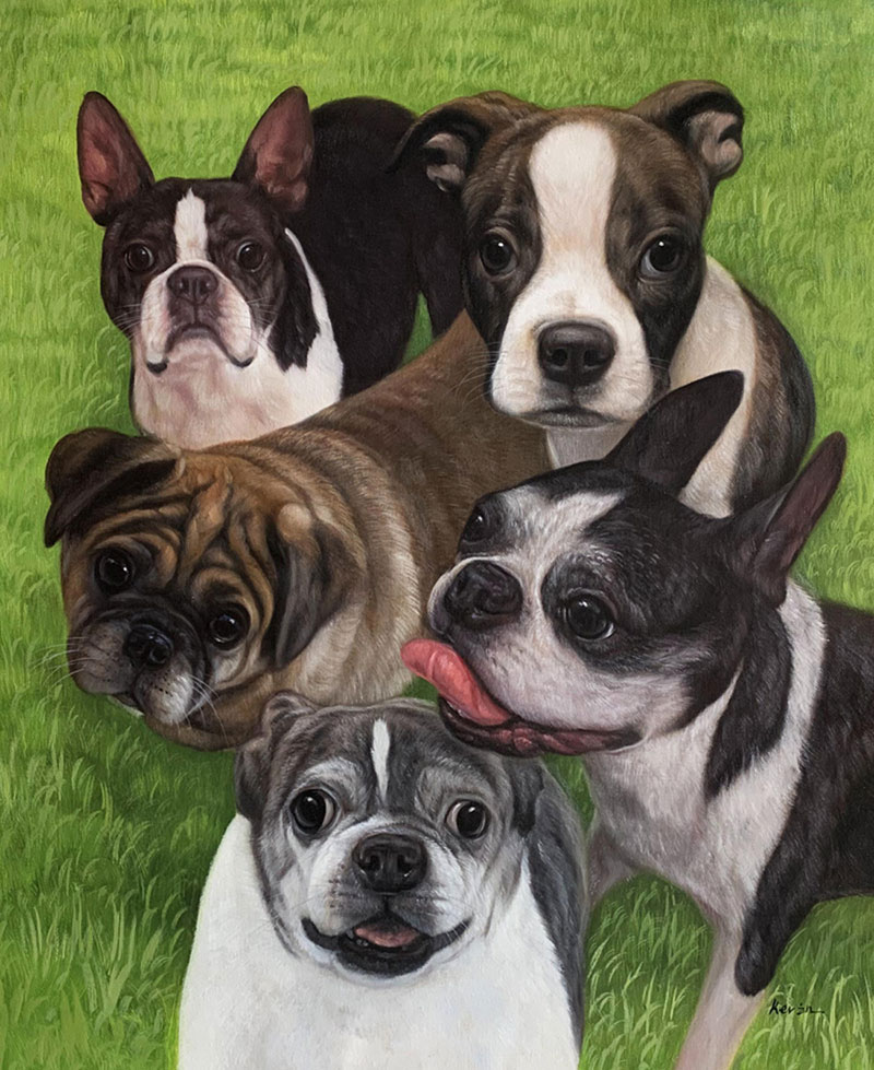 Painting of five dogs on green grass, three Boston Terriers and two pugs.