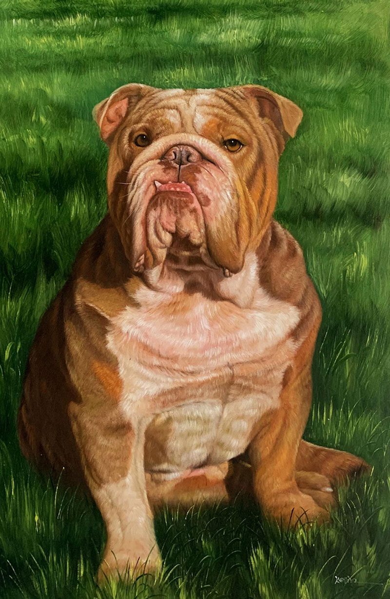 Painting of a fawn-colored Bulldog sitting in green grass.