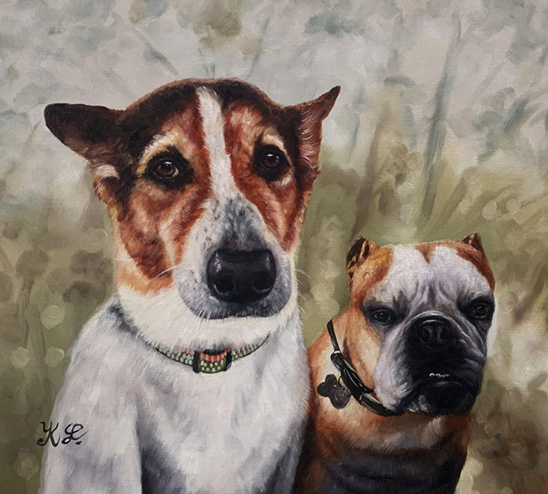 Oil painting of two dogs, a Jack Russell and a Bulldog