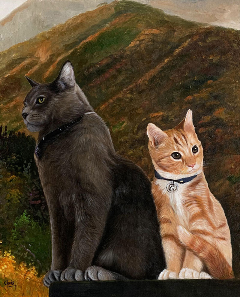 Painting of two cats sitting in front of a mountain landscape.  One cat is gray, the other orange.