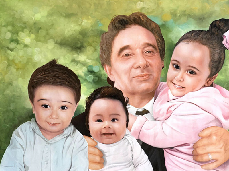 Painting of a grandfather with three grandchildren