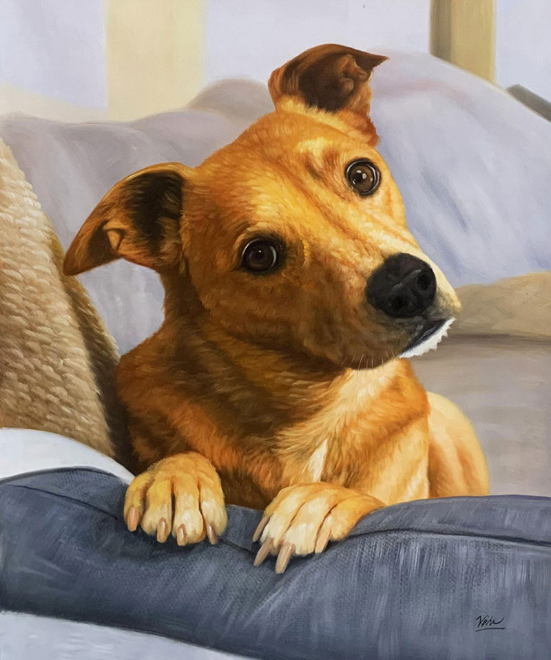 Painting of a light brown dog resting on a couch, looking at the viewer.