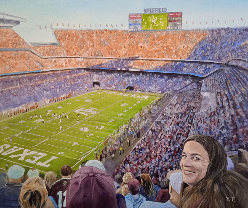 Painting of a woman smiling at a football game in a crowded stadium.