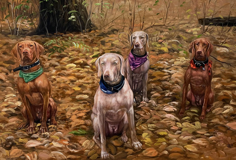 Painting of four dogs sitting among autumn leaves.