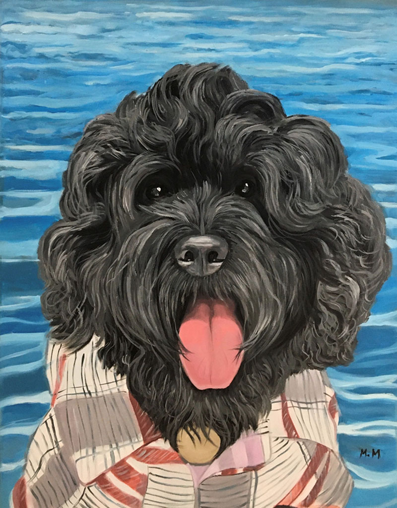 Painting of a black dog wearing a plaid shirt, tongue out, against a blue water background.