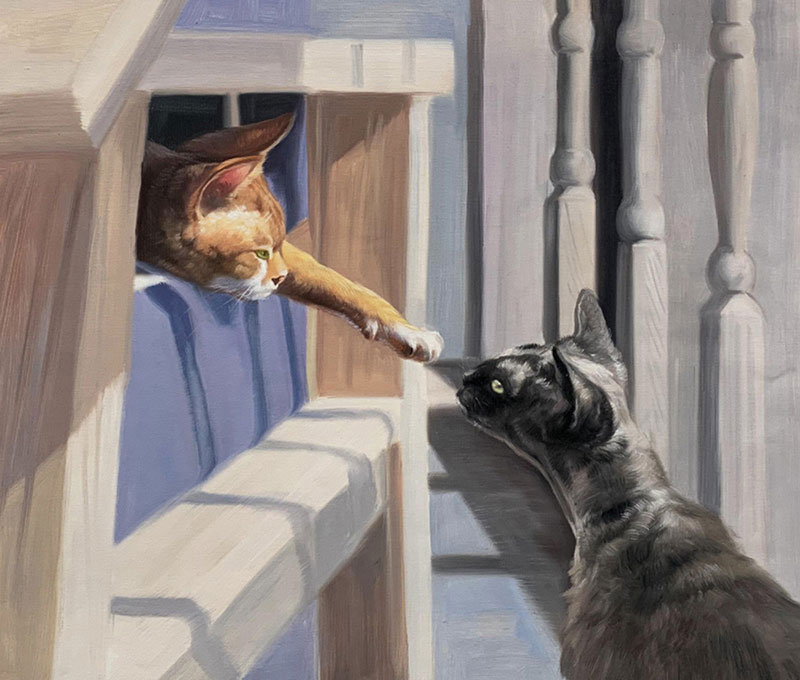 Painting of an orange tabby cat reaching out a paw to a black cat.