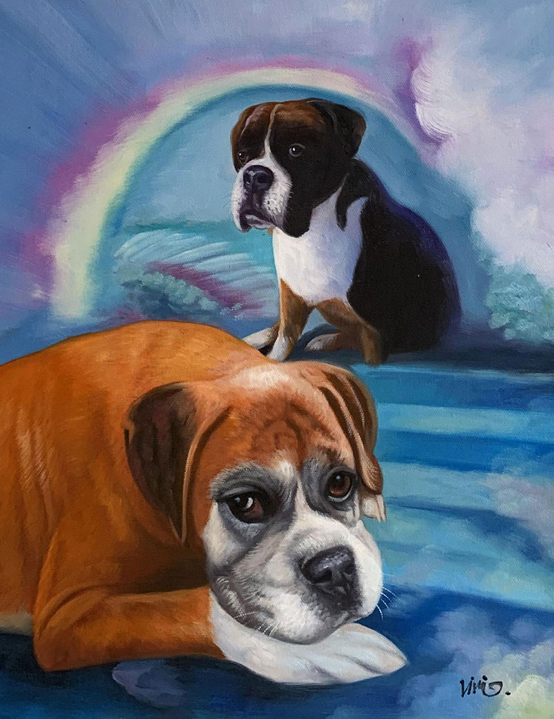 Painting of two Boxer dogs, one lying down and one sitting, against a rainbow backdrop.