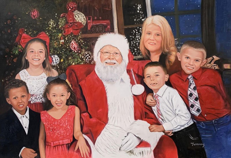 Painting of Santa Claus with a family, children in red and white Christmas attire.