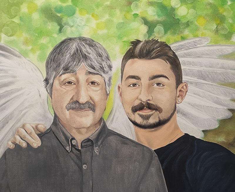 Portrait of an older man and a younger man with angel wings.