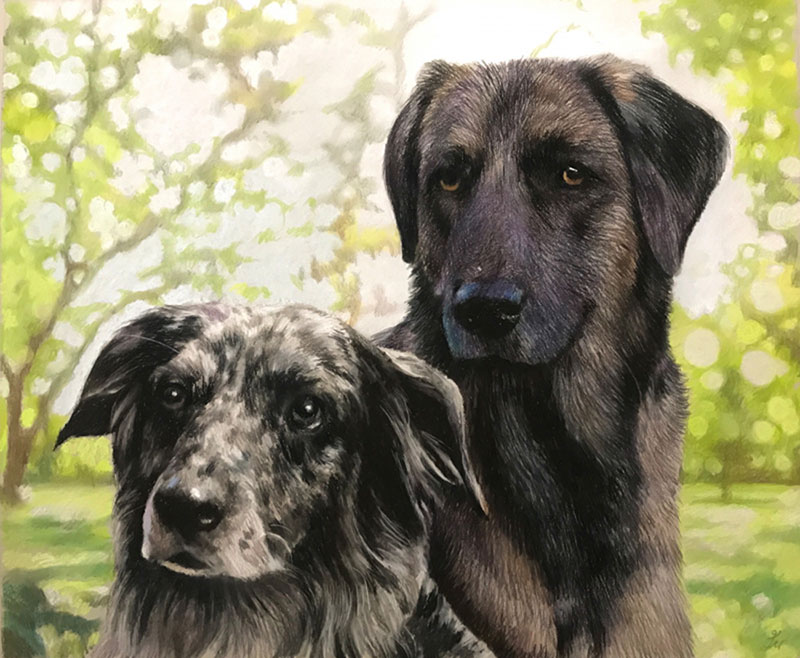 Painting of two dogs outdoors.