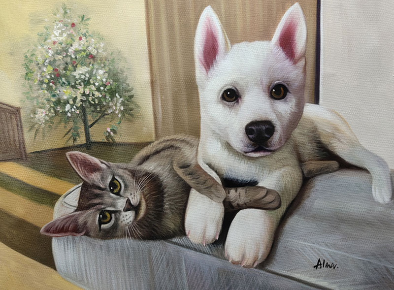 Painting of a grey tabby cat and a white puppy resting together.