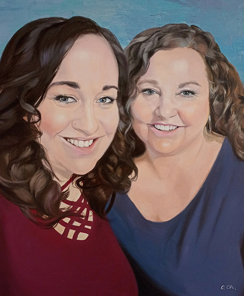 Painted portrait of two women, one in a maroon shirt and one in a blue shirt.