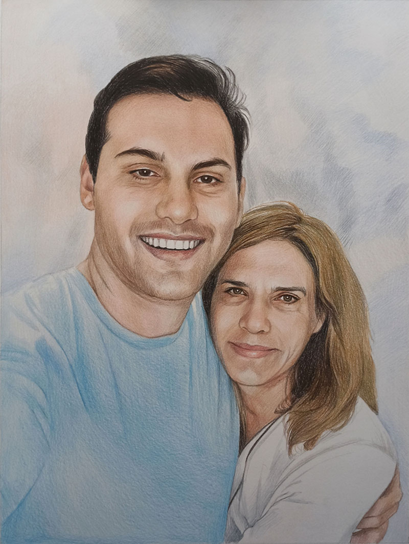 Colored pencil portrait of a man and woman embracing.