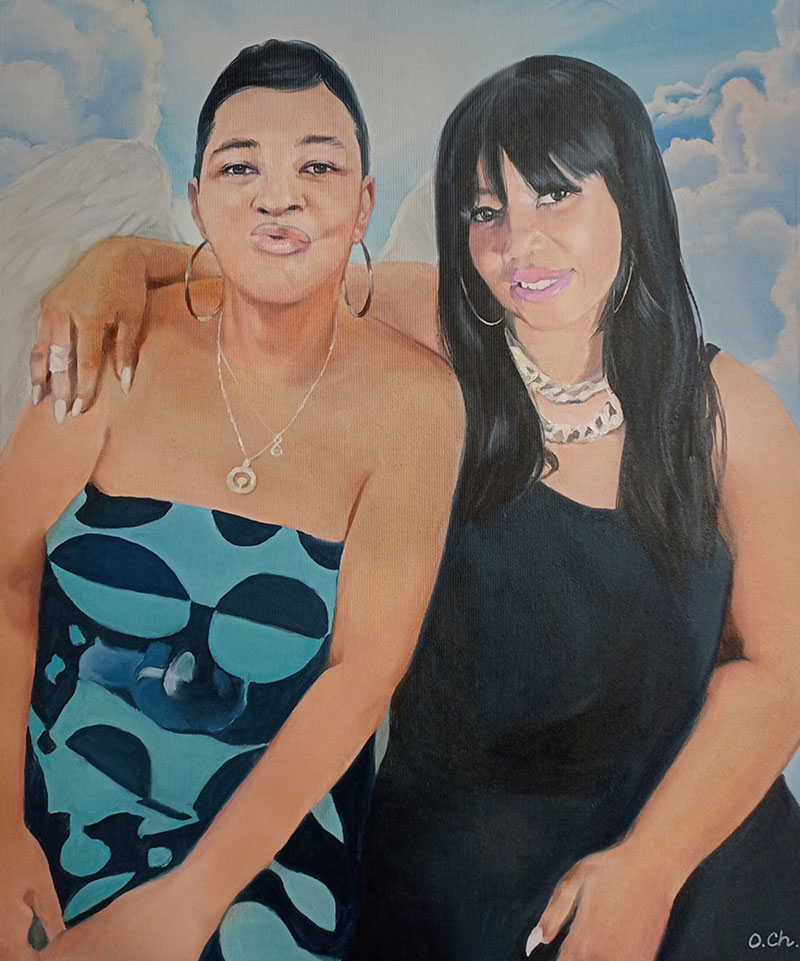 Painting of two women embracing, one in a teal dress, the other in black, against a cloudy sky.
