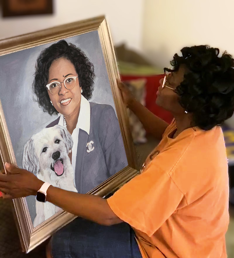 Custom handmade pastel painting of a lady with a dog