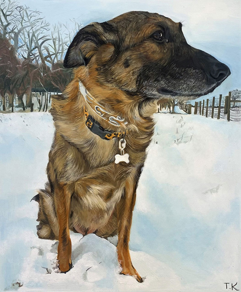 Painting of a brown and tan dog sitting in the snow