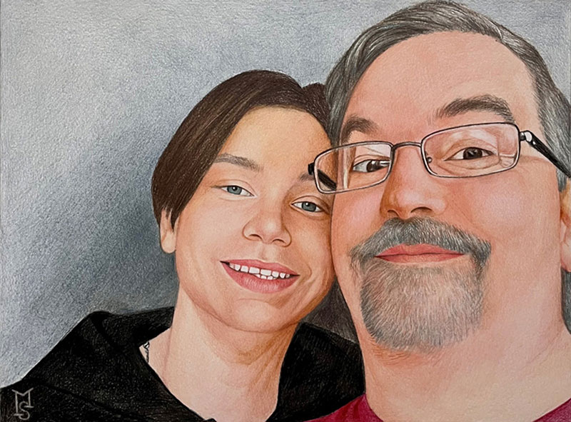 Colored pencil drawing of a man and a person with short brown hair.