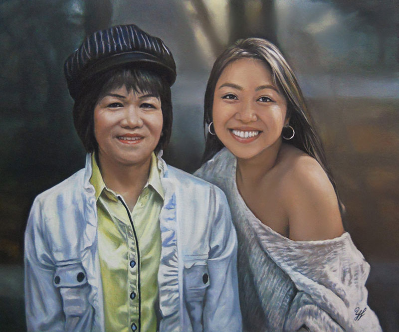 Portrait painting of a mother and daughter.