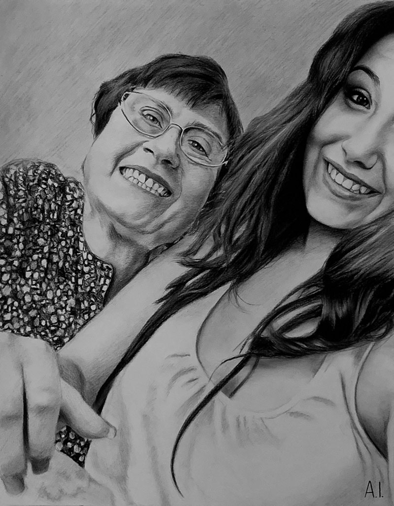 Black and white pencil drawing of an older woman and a younger woman smiling together.
