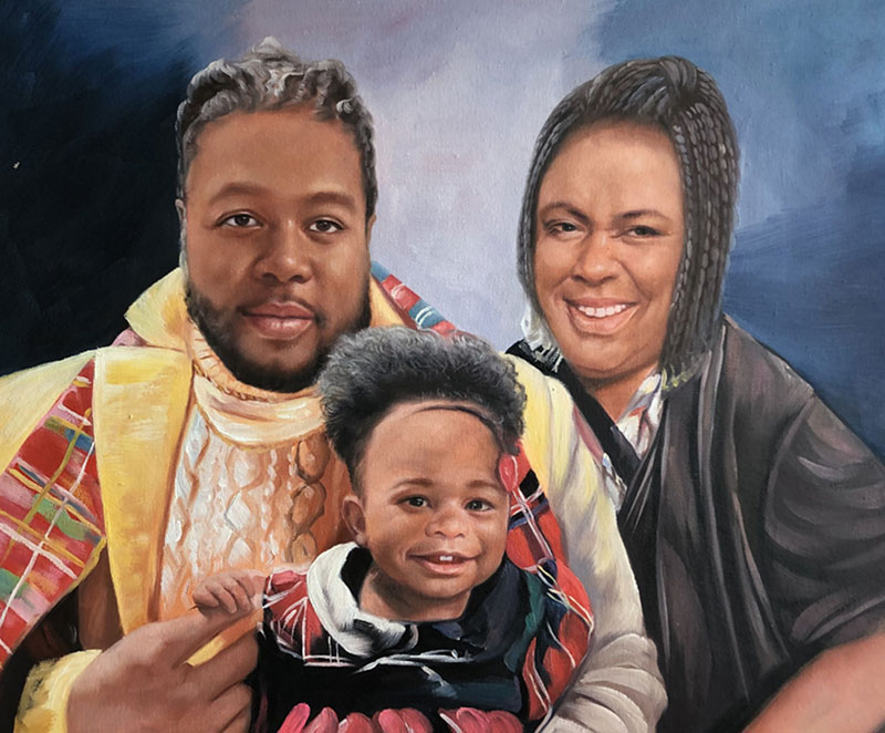 Painted portrait of a family: a man, woman, and toddler.